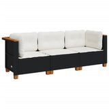 Garden Sofa with Cushions 3-Seater Black Poly Rattan - Front View