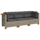 Garden Sofa with Cushions 3-Seater Grey Poly Rattan - Front View