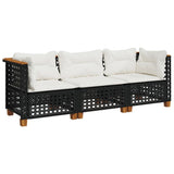Garden Sofa with Cushions 3-Seater Black Poly Rattan - Front View