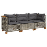 Garden Sofa with Cushions 3-Seater Grey Poly Rattan - Front View