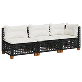 Garden Sofa with Cushions 3-Seater Black Poly Rattan - Front View