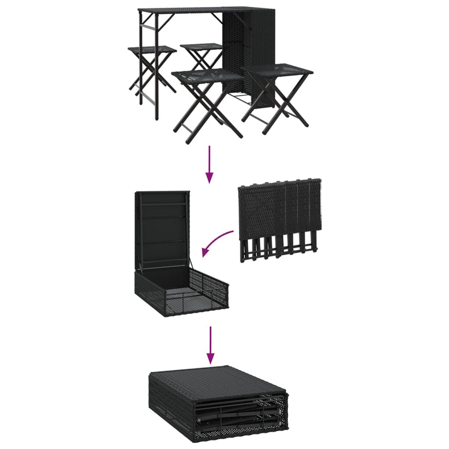 5 Piece Garden Camping Set Foldable Black Poly Rattan
