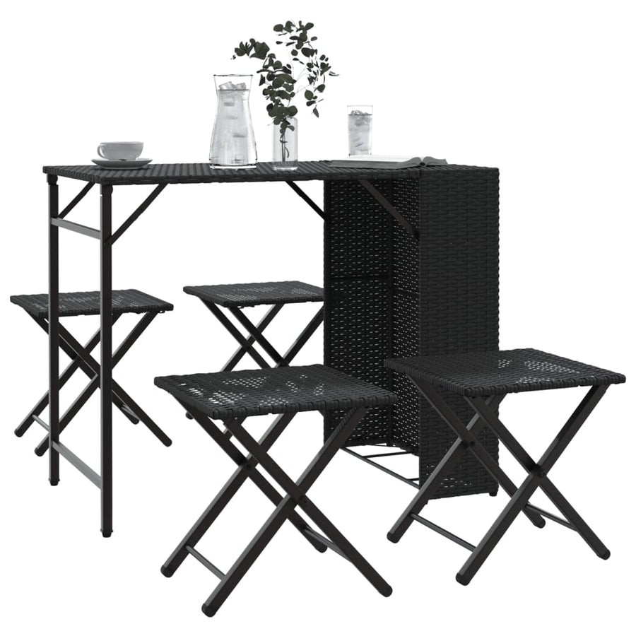 5 Piece Garden Camping Set Foldable Black Poly Rattan