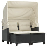 Garden Sofa 2-Seater with Canopy and Stools Black Poly Rattan - Front View