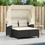 Garden Sofa 2-Seater with Canopy and Stools Black Poly Rattan - Side View