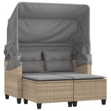Garden Sofa 2-Seater with Canopy and Stools Beige Poly Rattan - Front View