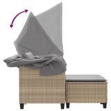 Garden Sofa 2-Seater with Canopy and Stools Beige Poly Rattan - Low Angle