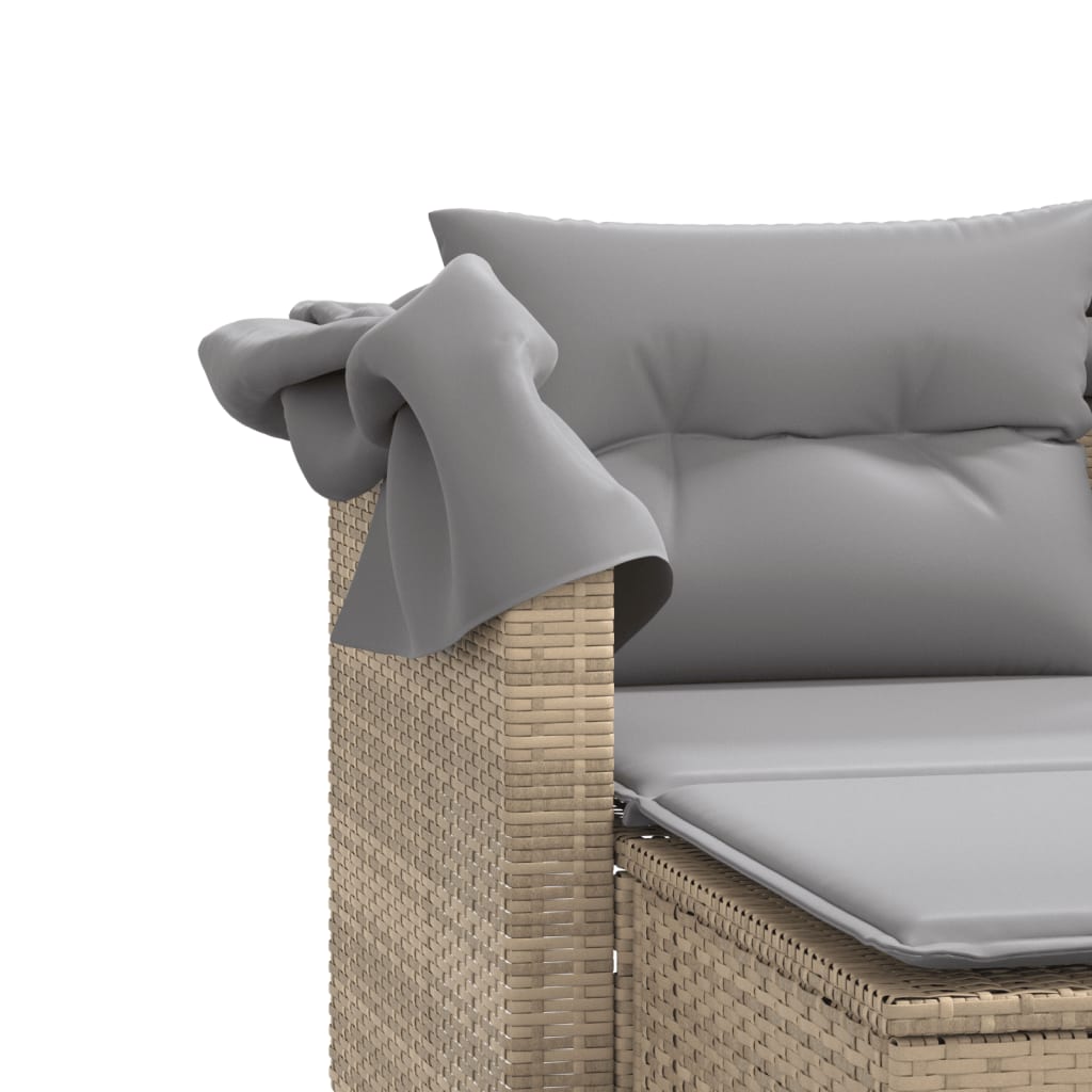 Garden Sofa 2-Seater with Canopy and Stools Beige Poly Rattan
