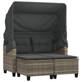 Garden Sofa 2-Seater with Canopy and Stools Light Grey Poly Rattan