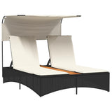 Double Sun Lounger with Canopy and Cushions Black Poly Rattan - Front View
