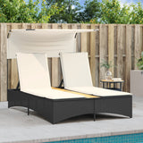 Double Sun Lounger with Canopy and Cushions Black Poly Rattan - Side View