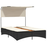Double Sun Lounger with Canopy and Cushions Black Poly Rattan - Top-Down View