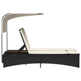 Double Sun Lounger with Canopy and Cushions Black Poly Rattan