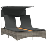 Double Sun Lounger with Canopy and Cushions Grey Poly Rattan - Front View