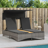 Double Sun Lounger with Canopy and Cushions Grey Poly Rattan - Side View