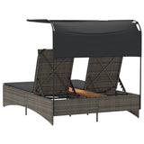 Double Sun Lounger with Canopy and Cushions Grey Poly Rattan - Close-Up Angle