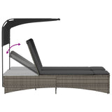 Double Sun Lounger with Canopy and Cushions Grey Poly Rattan - Low Angle