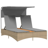 Double Sun Lounger with Canopy and Cushions Mix Beige Poly Rattan