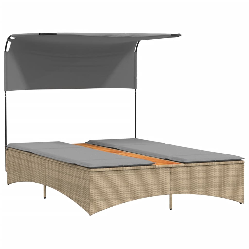 Double Sun Lounger with Canopy and Cushions Mix Beige Poly Rattan