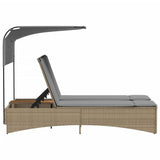 Double Sun Lounger with Canopy and Cushions Mix Beige Poly Rattan