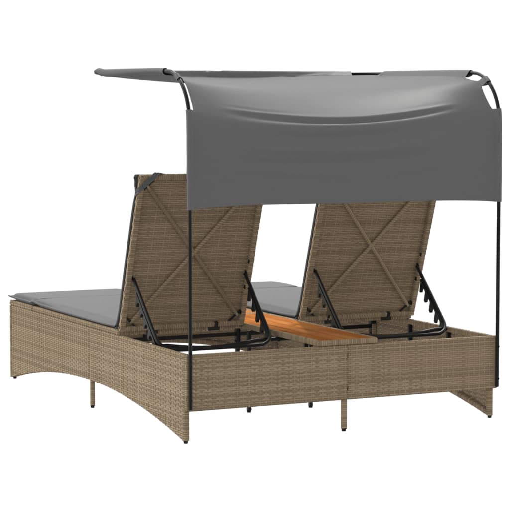 Double Sun Lounger with Canopy and Cushions Mix Beige Poly Rattan