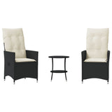 3 Piece Bistro Set with Cushions Black Poly Rattan - Front View