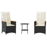 3 Piece Bistro Set with Cushions Black Poly Rattan - Front View