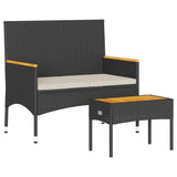 Garden Bench 2-Seater with Cushions and Table Black Poly Rattan - Front View
