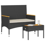 Garden Bench 2-Seater with Cushions and Table Black Poly Rattan - Side View