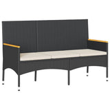 Garden Bench 3-Seater with Cushions Black Poly Rattan - Front View