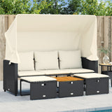 Garden Sofa 3-Seater with Canopy and Stools Black Poly Rattan - Side View