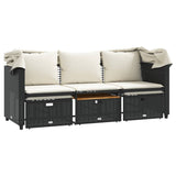 Garden Sofa 3-Seater with Canopy and Stools Black Poly Rattan - Close-Up Angle