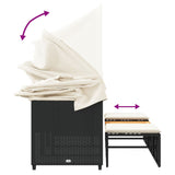 Garden Sofa 3-Seater with Canopy and Stools Black Poly Rattan - Low Angle