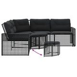 Garden Sofa with Cushions and Footstool L-Shaped Black Poly Rattan - 45-Degree Angle