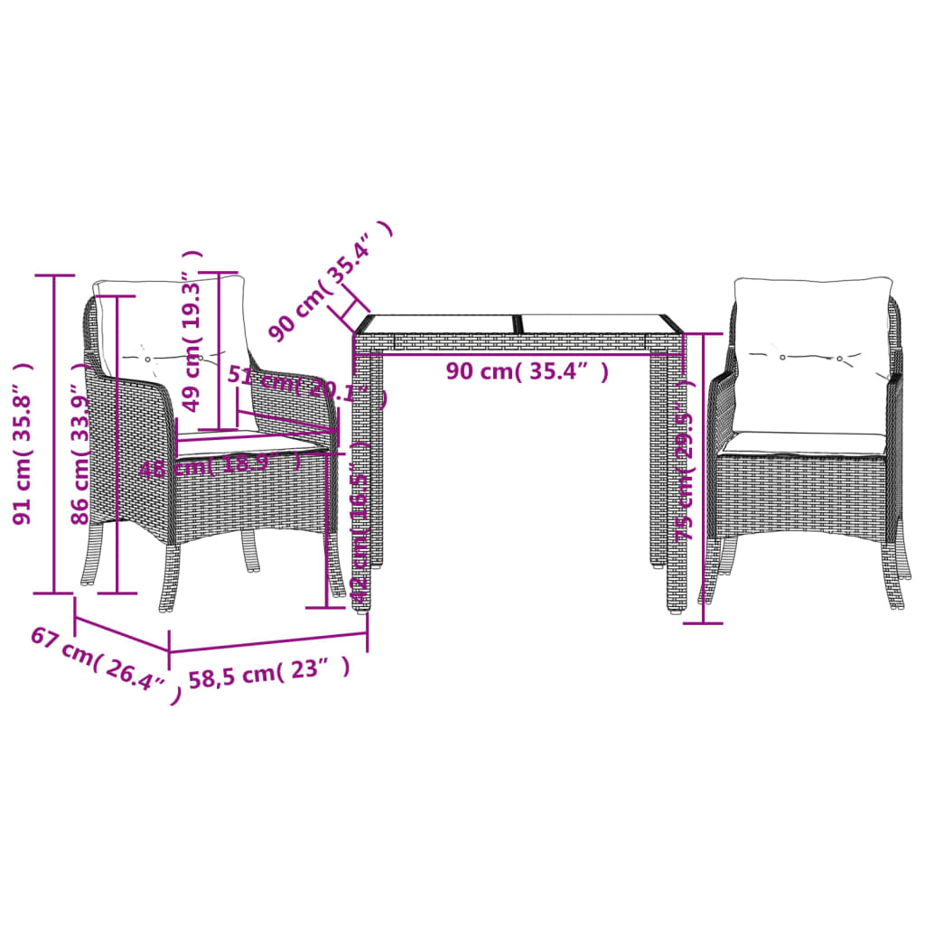 3 Piece Garden Dining Set with Cushions Black Poly Rattan