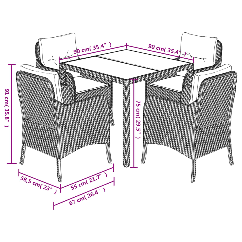 5 Piece Garden Dining Set with Cushions Black Poly Rattan