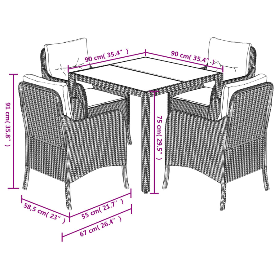 5 Piece Garden Dining Set with Cushions Black Poly Rattan