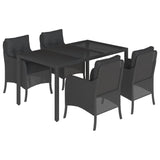 5 Piece Garden Dining Set with Cushions Black Poly Rattan - Front View