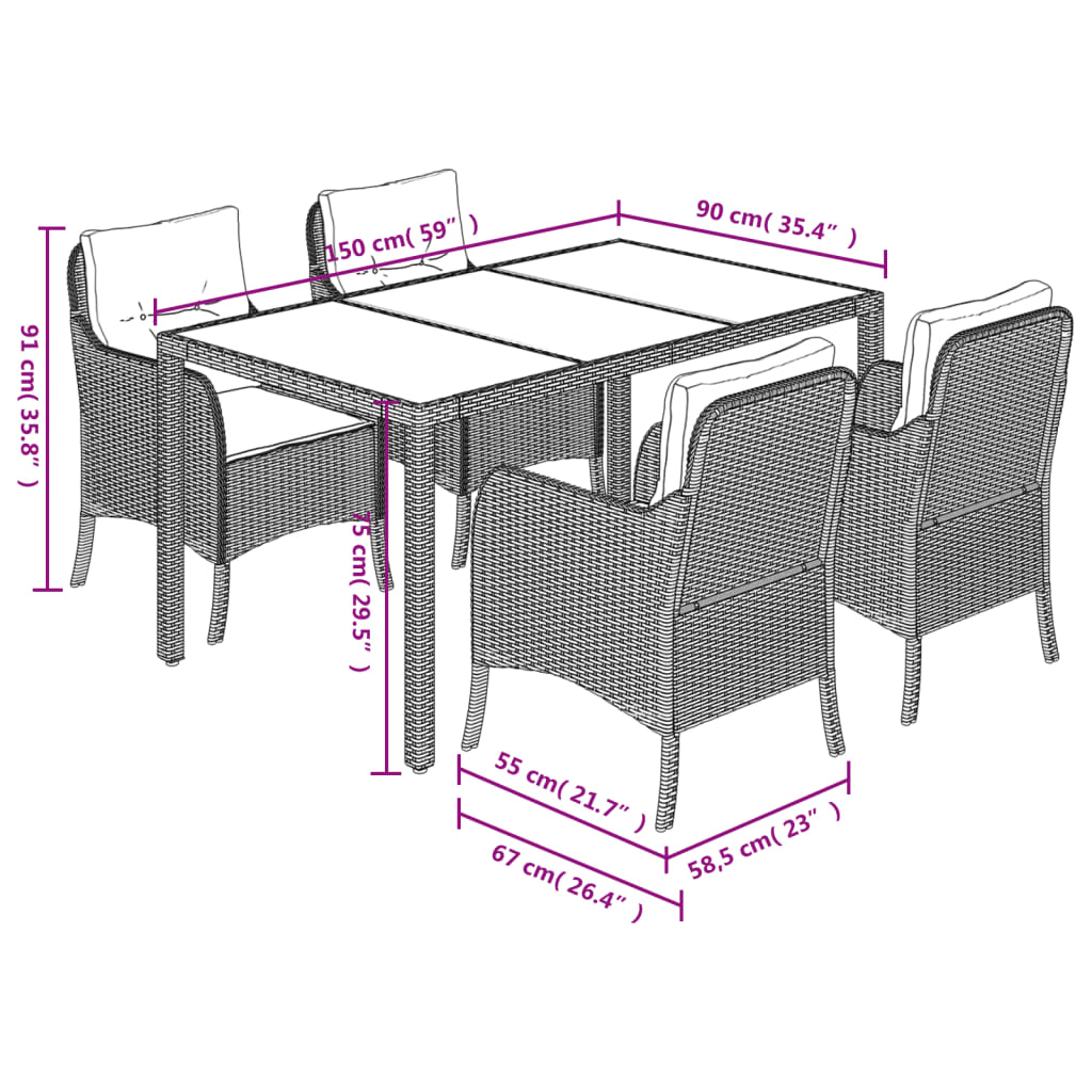 5 Piece Garden Dining Set with Cushions Black Poly Rattan
