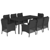 9 Piece Garden Dining Set with Cushions Black Poly Rattan - Front View
