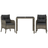 3 Piece Garden Dining Set with Cushions Grey Poly Rattan - Front View