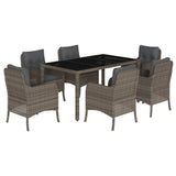 7 Piece Garden Dining Set with Cushions Grey Poly Rattan - Front View