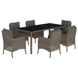 7 Piece Garden Dining Set with Cushions Grey Poly Rattan - Front View
