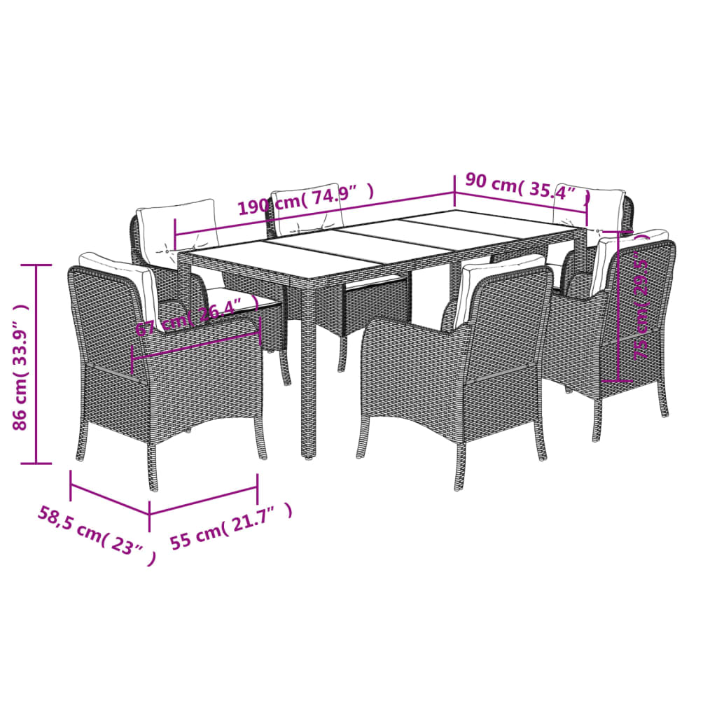 7 Piece Garden Dining Set with Cushions Grey Poly Rattan