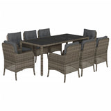 9 Piece Garden Dining Set with Cushions Grey Poly Rattan - Front View