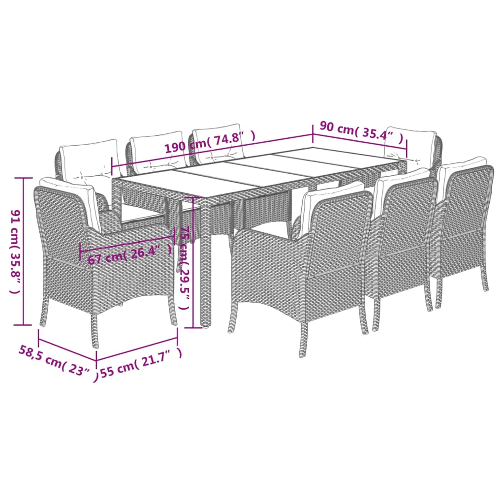 9 Piece Garden Dining Set with Cushions Grey Poly Rattan
