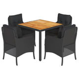 5 Piece Garden Dining Set with Cushions Black Poly Rattan - Front View