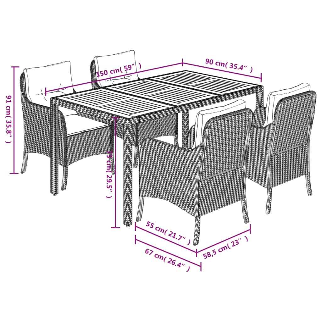 5 Piece Garden Dining Set with Cushions Black Poly Rattan