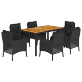 7 Piece Garden Dining Set with Cushions Black Poly Rattan - Front View