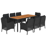 9 Piece Garden Dining Set with Cushions Black Poly Rattan - Front View